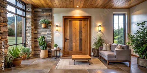 Serene Rustic Sanctuary: Modern door with warm wood accents, creating a tranquil and inviting atmosphere. photo