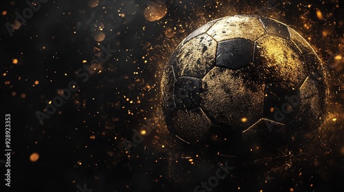 A black soccer ball with gold accents sits on a dark surface, surrounded by out-of-focus golden orbs