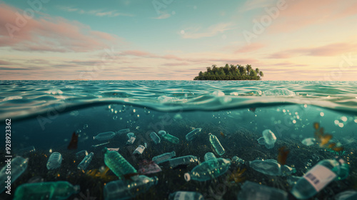 Bottles, polythene bags, garbage floating on top of dark sea bottom covered by trash. Plastic pollution in the ocean, Sea microplastic pollution, environmental problem, global environmental changes. 