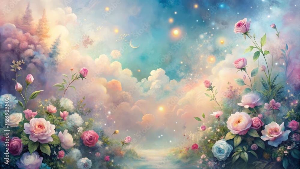 Obraz premium Ethereal watercolor background featuring soft, blended gradient hues and organic textures, evoking a sense of whimsy and romantic elegance, perfect for design and digital art.