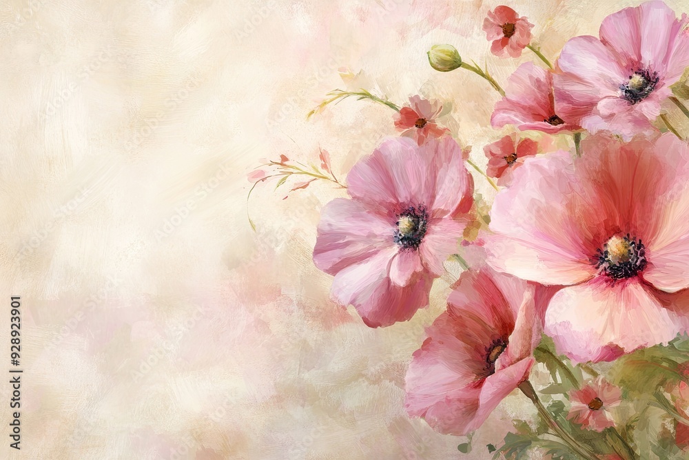 A beautifully painted floral composition featuring delicate pink flowers against a soft, dreamy background.