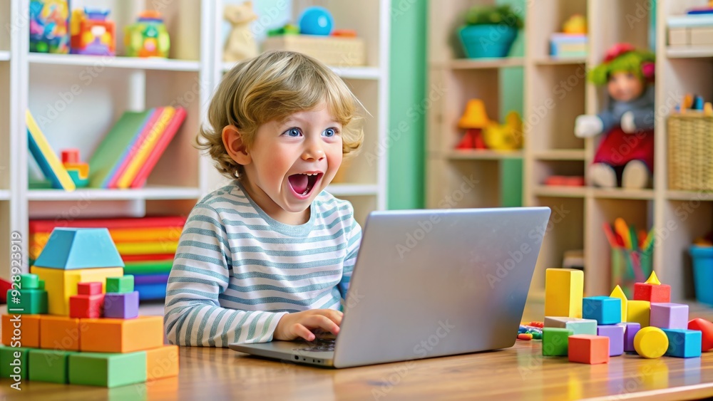 Excited young boy with big smile sits in front of open laptop, eyes fixed on screen with wonder, surrounded by colorful toys and books. Excited young boy with big smile sits in front of open laptop, eyes fixed on screen with wonder, surrounded by colorful toys and books.