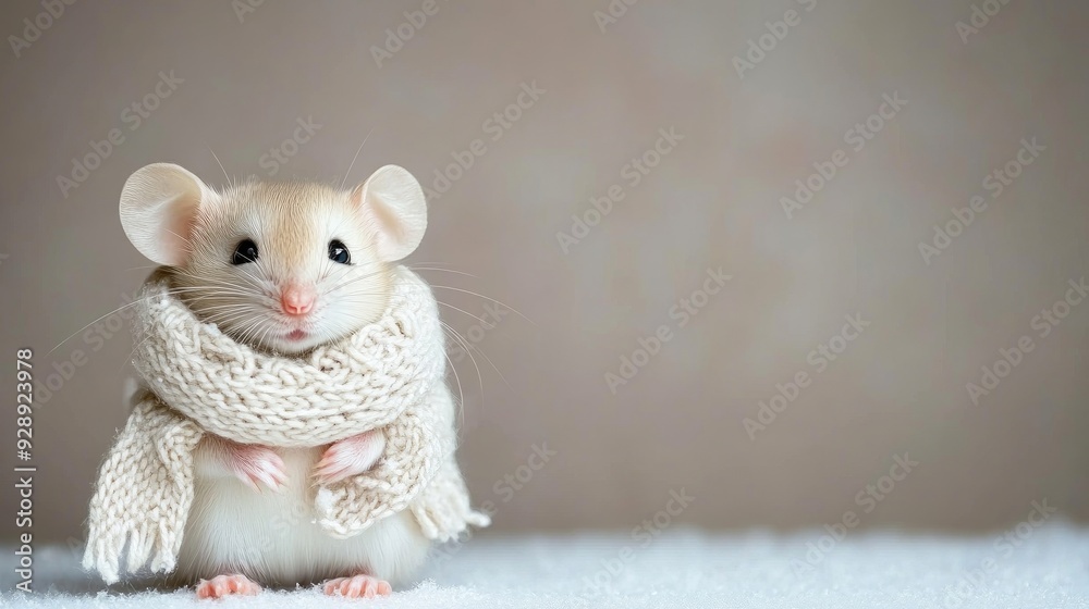 Fototapeta premium A joyful little mouse gliding on ice in a pastel winter wonderland with a cozy scarf
