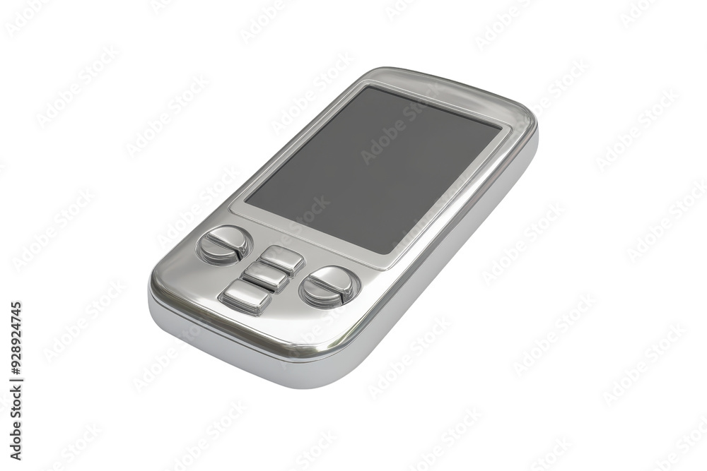 Isolated image of a silver handheld electronic device with buttons and a screen, representing early tech gadgets or portable gaming devices. Isolated image of a silver handheld electronic device with buttons and a screen, representing early tech gadgets or portable gaming devices.