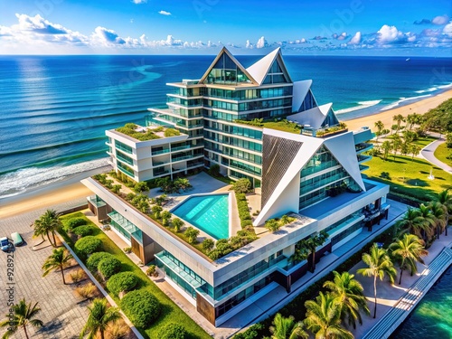 UltramodernGeometricBeachHaven: Sleek resort with sharp angles, bold colors, and panoramic ocean views.