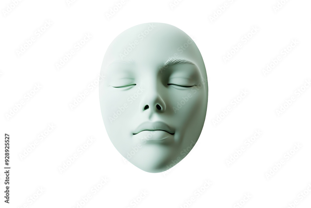 Minimalistic white mask with serene expression on transparent background. epitomizing tranquility and simplicity.