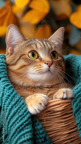 A cat is sitting in a basket with a green blanket