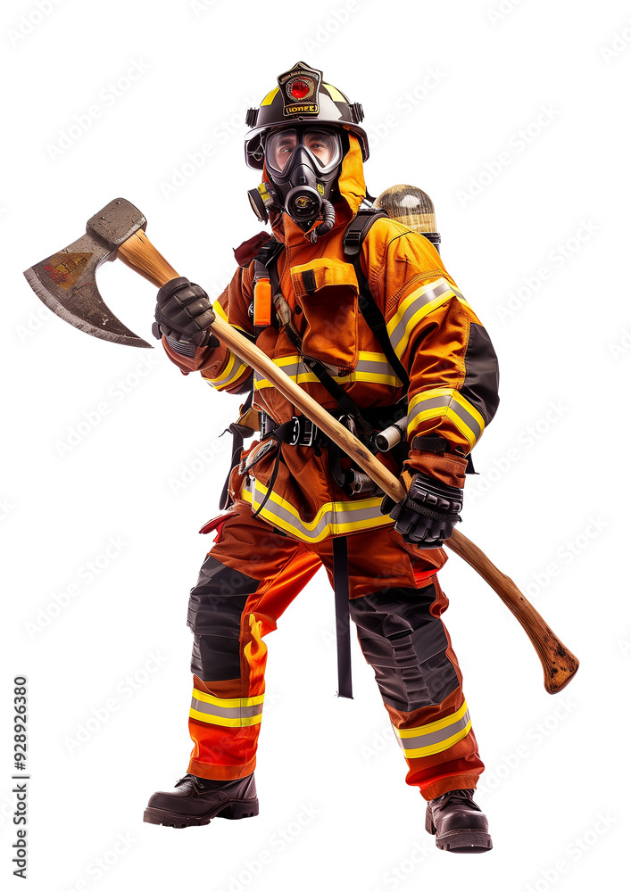 Fireman dress uniform with big axe in white background Fireman dress uniform with big axe in white background