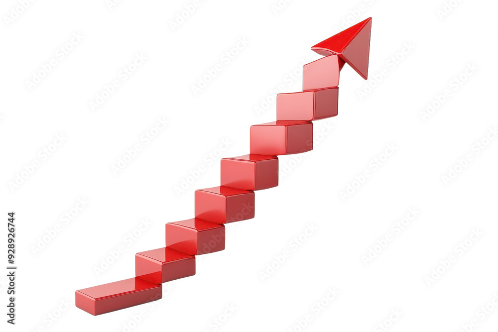 Red 3D steps with an arrow pointing upwards, symbolizing growth, progress, and success. Ideal for business and financial concepts. Red 3D steps with an arrow pointing upwards, symbolizing growth, progress, and success. Ideal for business and financial concepts.