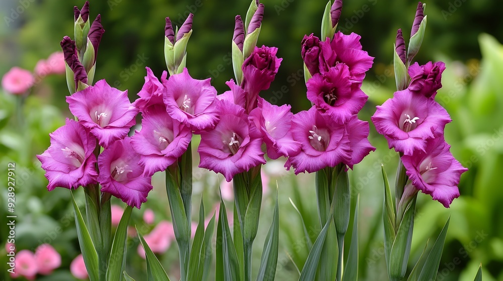 Vibrant Pink Gladiolus Blooms in a Lush Garden Setting Vibrant Pink Gladiolus Blooms in a Lush Garden Setting