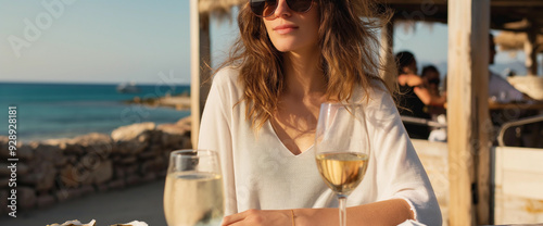 Woman at seaside restaurant eating oysters and drinking white wine overlooking ocean
