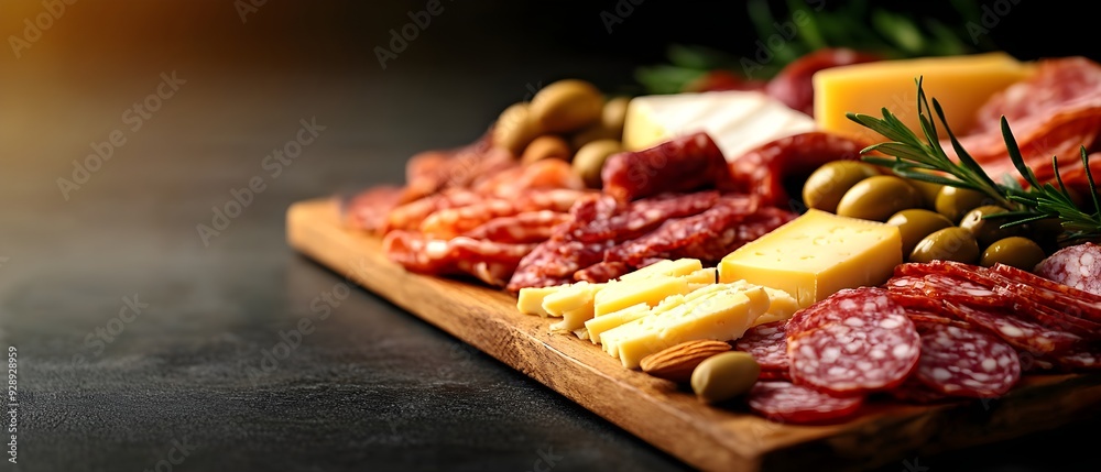 A charcuterie board with a selection of cured meats, cheeses, olives, and nuts A charcuterie board with a selection of cured meats, cheeses, olives, and nuts