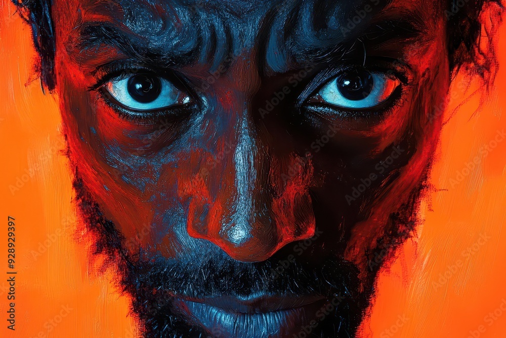 perplexed mans expressive portrait intense orange background dramatic lighting bold shadows high contrast emotive closeup textured brushstrokes contemporary art style perplexed mans expressive portrait intense orange background dramatic lighting bold shadows high contrast emotive closeup textured brushstrokes contemporary art style