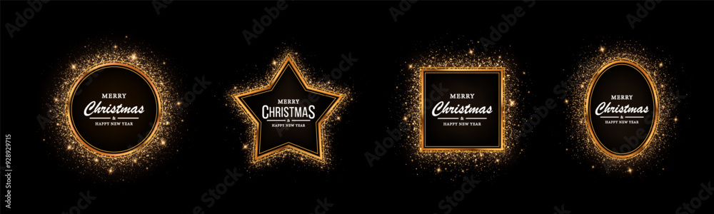 Set of geometric shiny frames with glowing effects for Сhristmas. Golden frames with glitter. Christmas cards and banners. Set of geometric shiny frames with glowing effects for Сhristmas. Golden frames with glitter. Christmas cards and banners.