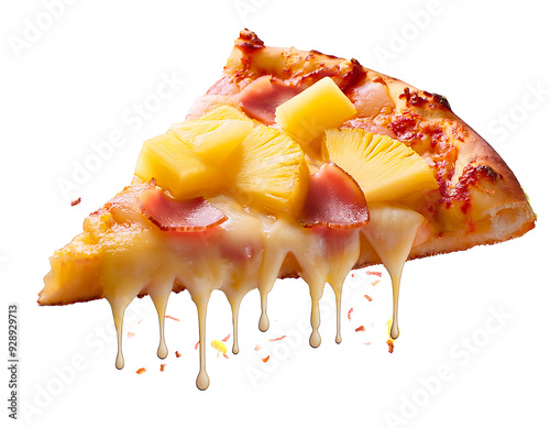 hawaiian pizza slice pineappe ham pieces melting cheese dripping advertisement isolated white background photo