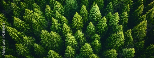 An aerial view of a dense forest canopy, with lush green foliage covering the entire frame.