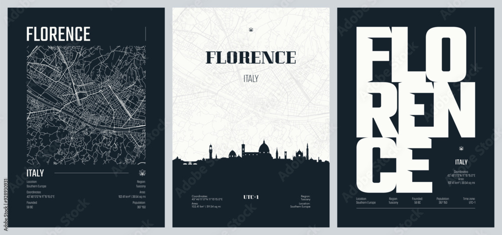 Set of travel posters with Florence, detailed urban street plan city map, Silhouette city skyline, vector artwork, set 2