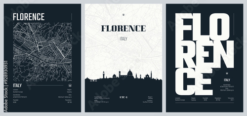 Set of travel posters with Florence, detailed urban street plan city map, Silhouette city skyline, vector artwork, set 2