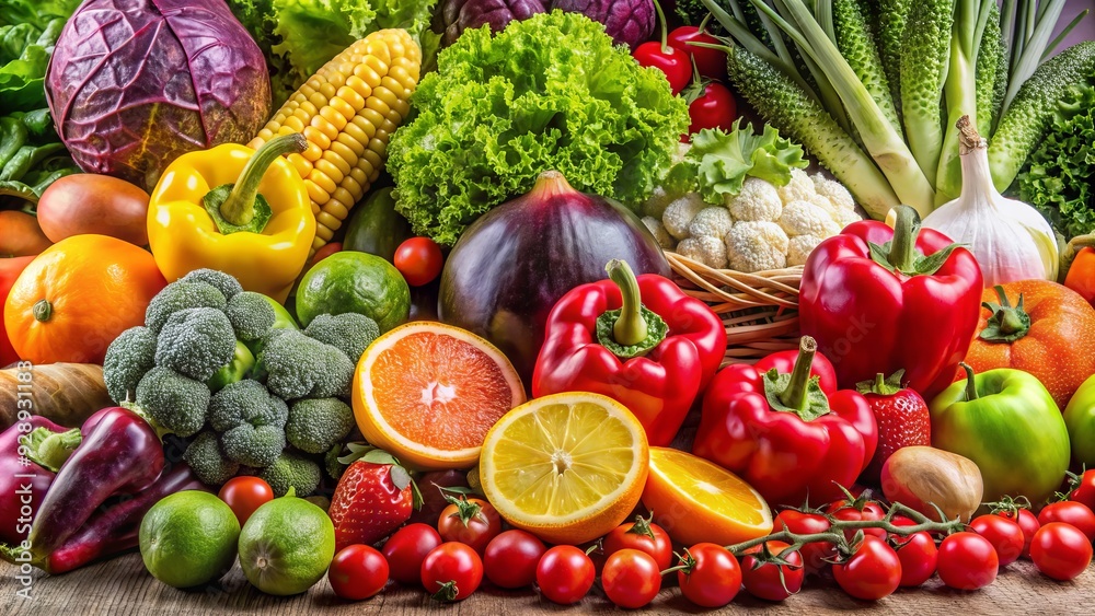 Fresh fruits and vegetables arranged in a vibrant composition, symbolizing a balanced diet and a healthy lifestyle, perfect for wellness and nutrition themed designs. Fresh fruits and vegetables arranged in a vibrant composition, symbolizing a balanced diet and a healthy lifestyle, perfect for wellness and nutrition themed designs.