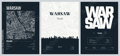 Set of travel posters with Warsaw, detailed urban street plan city map, Silhouette city skyline, vector artwork, set 2