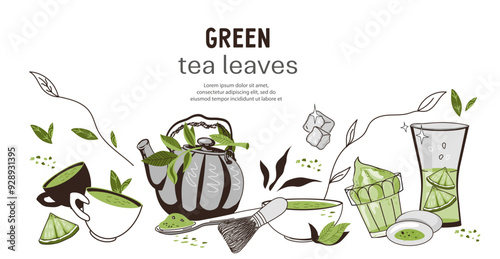 Banner or label for green tea products or matcha powder with teapot and mochi cake, vector hand drawn illustration on white background.