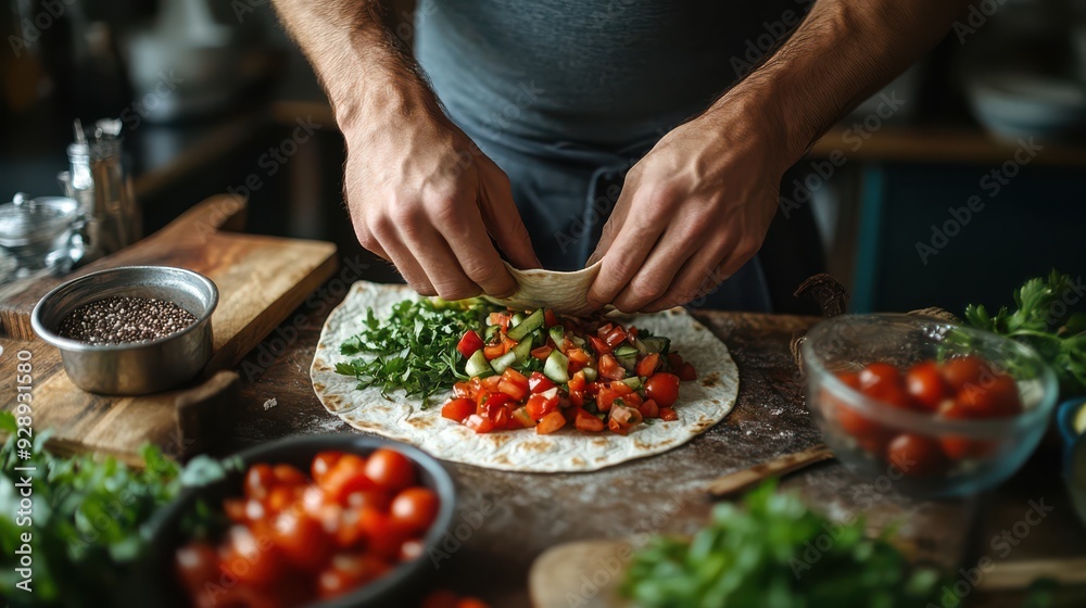 A man is preparing a wrap with vegetables on a wooden table. The table is filled with various bowls and spoons, and there are several tomatoes scattered around A man is preparing a wrap with vegetables on a wooden table. The table is filled with various bowls and spoons, and there are several tomatoes scattered around