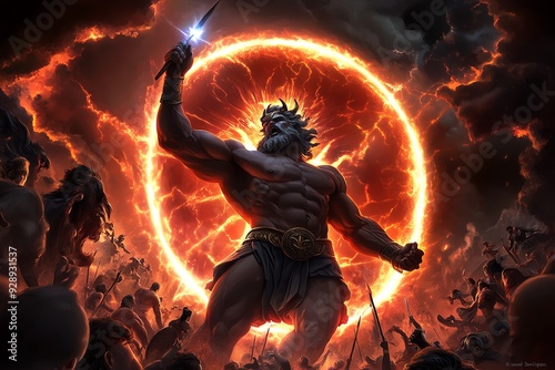 A heroic depiction of Zeus leading an army of gods and demigods, ready to face an epic battle against mythical monsters