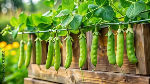 Fresh green pea pods bursting with juicy sweet peas hang from a verdant vine on a rustic wooden trellis in a lush garden setting. photo