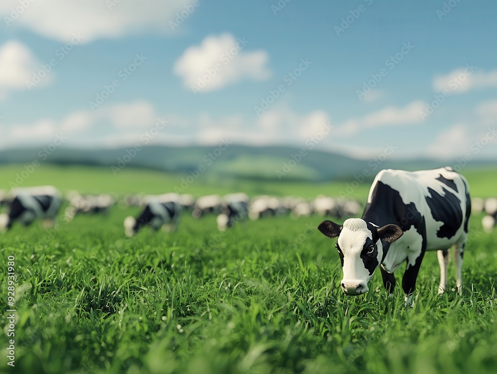 Organic dairy farm, cows grazing on pasture, 3D illustration Organic dairy farm, cows grazing on pasture, 3D illustration