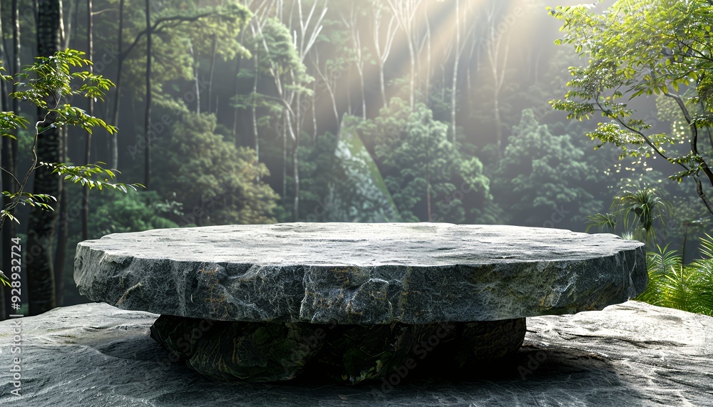A circular stone platform sits atop a flat, gray rock in the middle of a lush, green forest. The platform is in the shade of trees with light shining through the leaves. A circular stone platform sits atop a flat, gray rock in the middle of a lush, green forest. The platform is in the shade of trees with light shining through the leaves.