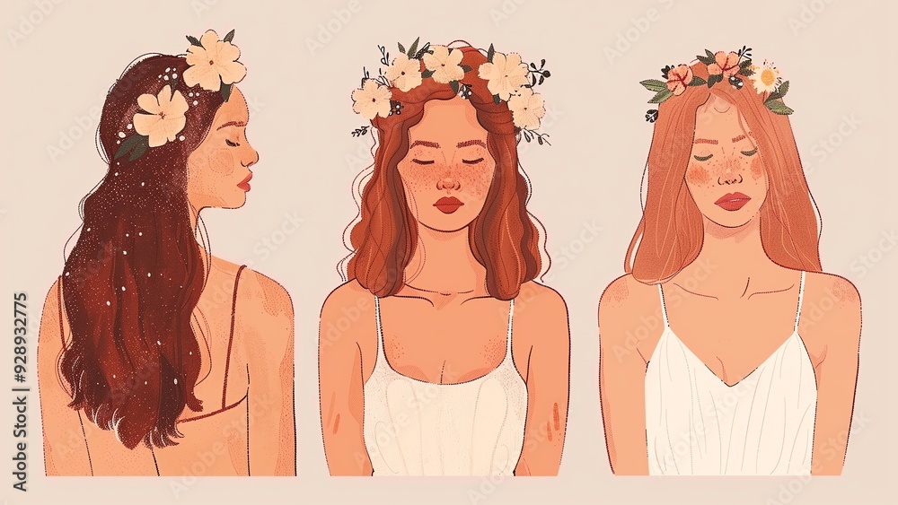 bridal style concepts in three young women, two facing, one facing away; illustration bridal style concepts in three young women, two facing, one facing away; illustration