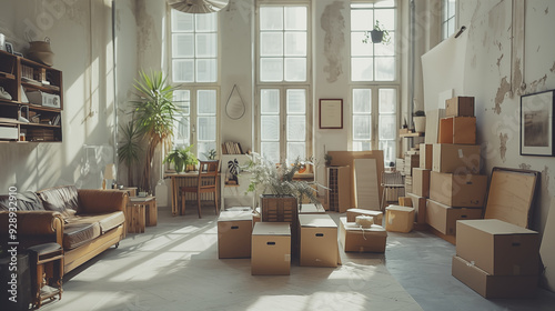 white studio apartment with boxes in the center. concept of preparing to move