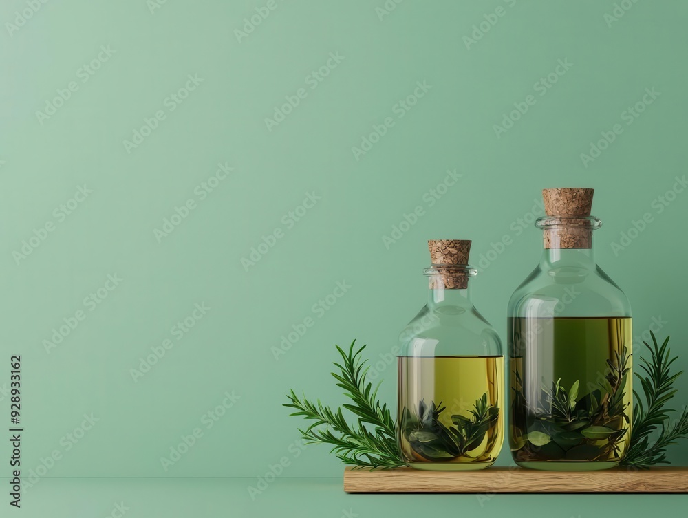 Organic herb-infused oils, bottles with herbs inside, 3D illustration Organic herb-infused oils, bottles with herbs inside, 3D illustration
