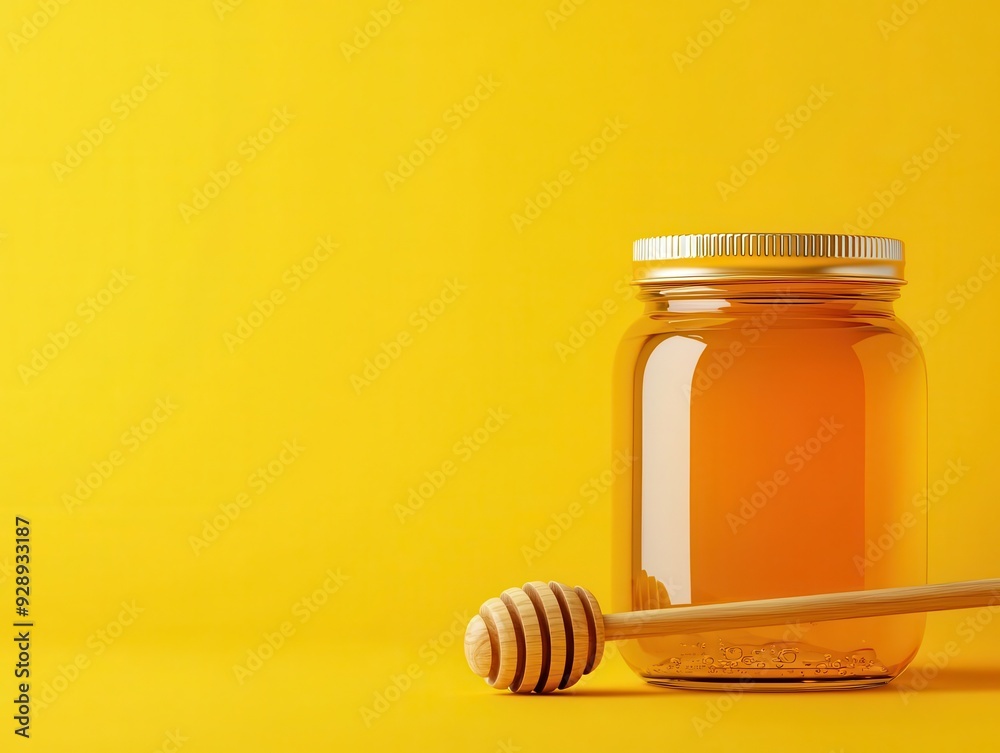 Organic honey jar, with honeycomb and dipper, 3D illustration Organic honey jar, with honeycomb and dipper, 3D illustration