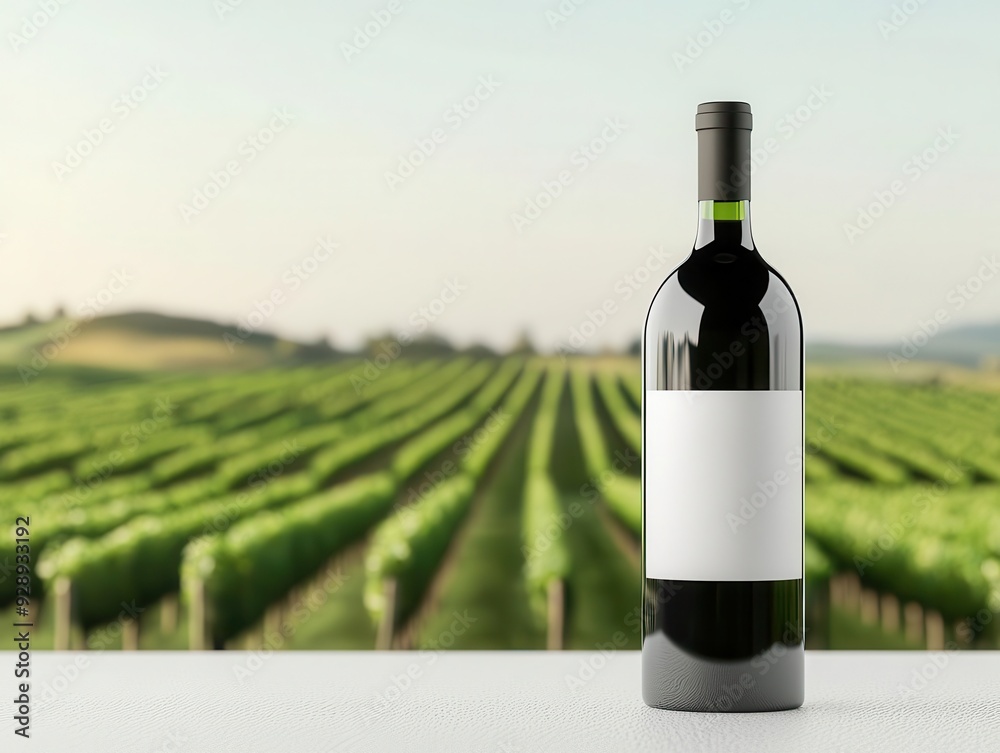 Fototapeta premium Organic wine bottle, with vineyard background, 3D illustration