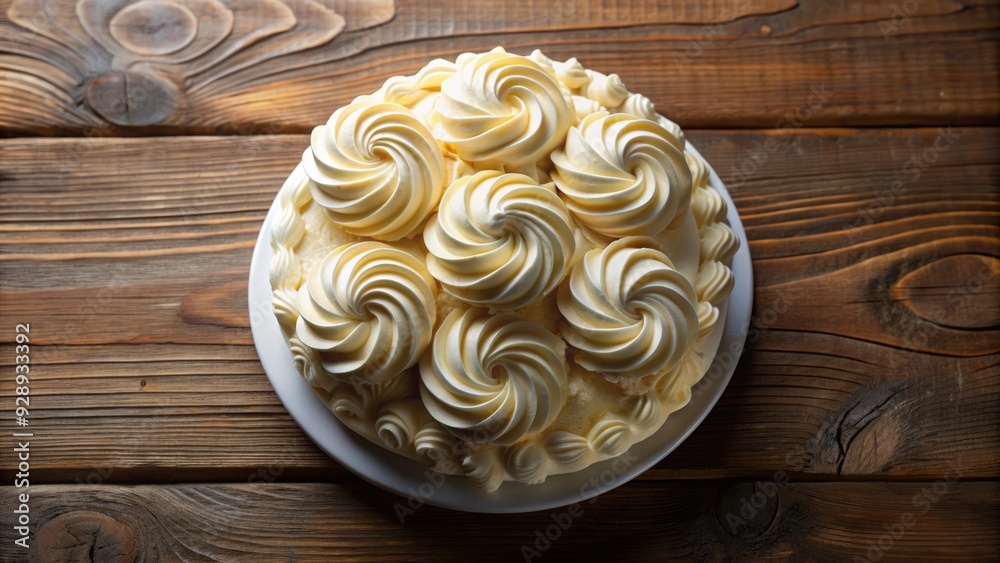 Freshly baked vanilla cake with creamy white frosting and decorative swirls, shot from directly above, on a rustic wooden table with subtle shadows.