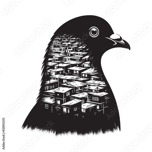 silhouette of Pigeon filled with ghetto street in rough drawing