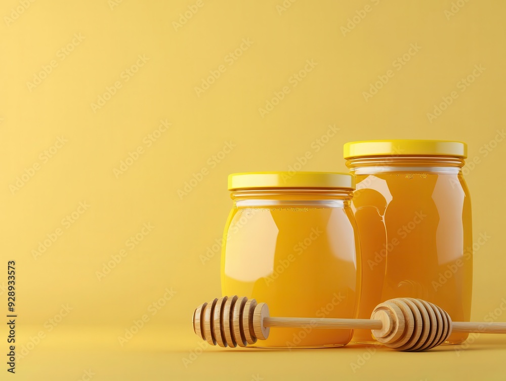 Organic honey jar, with honeycomb and dipper, 3D illustration Organic honey jar, with honeycomb and dipper, 3D illustration