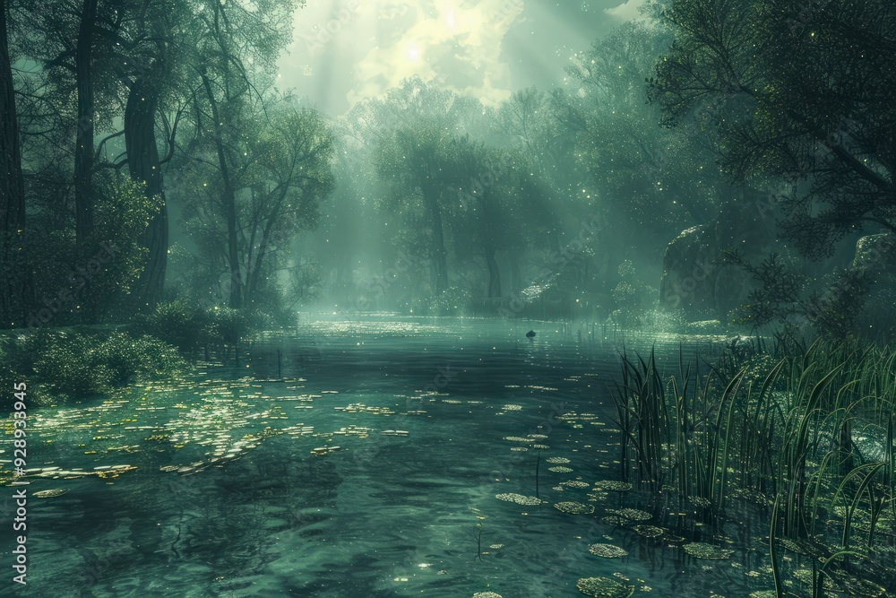 A tranquil river winds through a misty green forest, sunlight filtering through the canopy. A tranquil river winds through a misty green forest, sunlight filtering through the canopy.