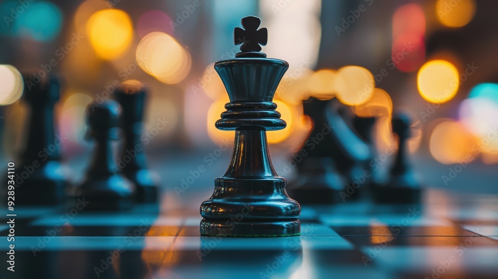 A close up of black king chess piece in focus, surrounded by blurred chess pieces, evoking sense of strategy and competition. A close up of black king chess piece in focus, surrounded by blurred chess pieces, evoking sense of strategy and competition.