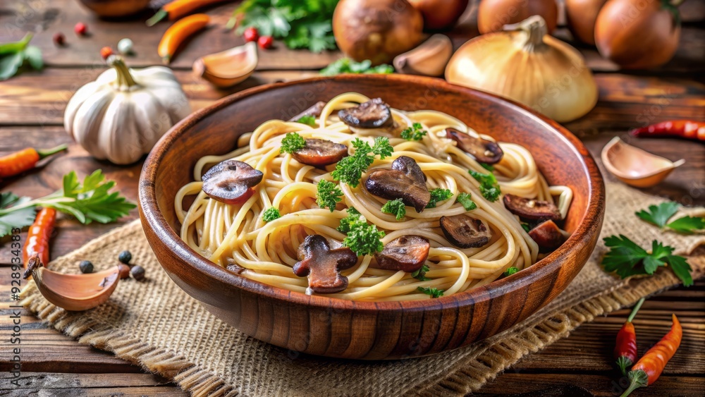 Freshly cooked spaghetti tossed with sautéed wild mushrooms, garlic, and parsley, served in a rustic wooden bowl on a cozy autumnal table setting. Freshly cooked spaghetti tossed with sautéed wild mushrooms, garlic, and parsley, served in a rustic wooden bowl on a cozy autumnal table setting.
