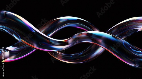 digital rendering of two intertwined, curved shapes that resemble the form and movement of iridescent soap bubbles. The curves should be smooth with an ethereal quality