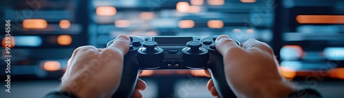 Close-up of hands holding a game controller, immersed in a gaming experience with a vibrant background.