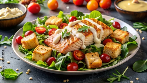 Freshly grilled salmon fillet sits atop a bed of mixed greens, cherry tomatoes, and croutons, drizzled with a zesty lemon-tahini dressing.