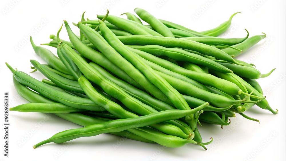Freshly harvested bright green beans isolated on a pure white background, showcasing their vibrant color and crunchy texture, perfect for healthy eating representations. Freshly harvested bright green beans isolated on a pure white background, showcasing their vibrant color and crunchy texture, perfect for healthy eating representations.