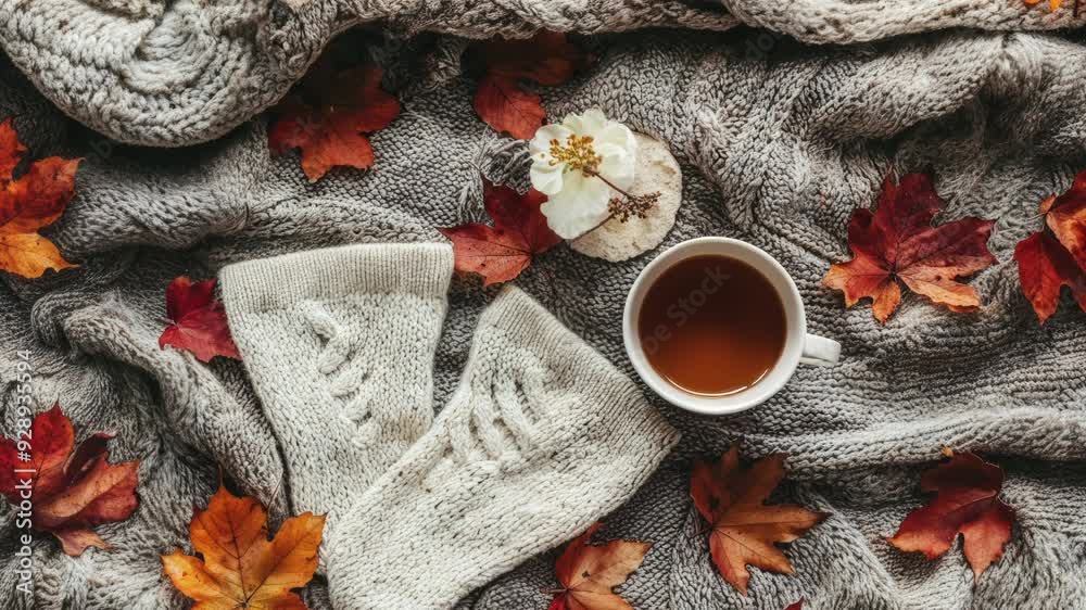 Cozy Autumn Scene with Warm Socks and Leafy Blanket Cozy Autumn Scene with Warm Socks and Leafy Blanket