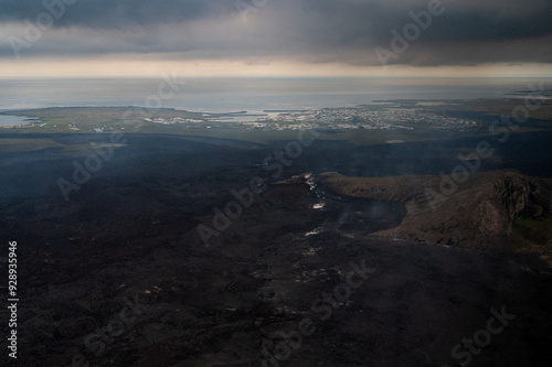 Grindavik Iceland and the steaming lava from the most recent volcanic eruption