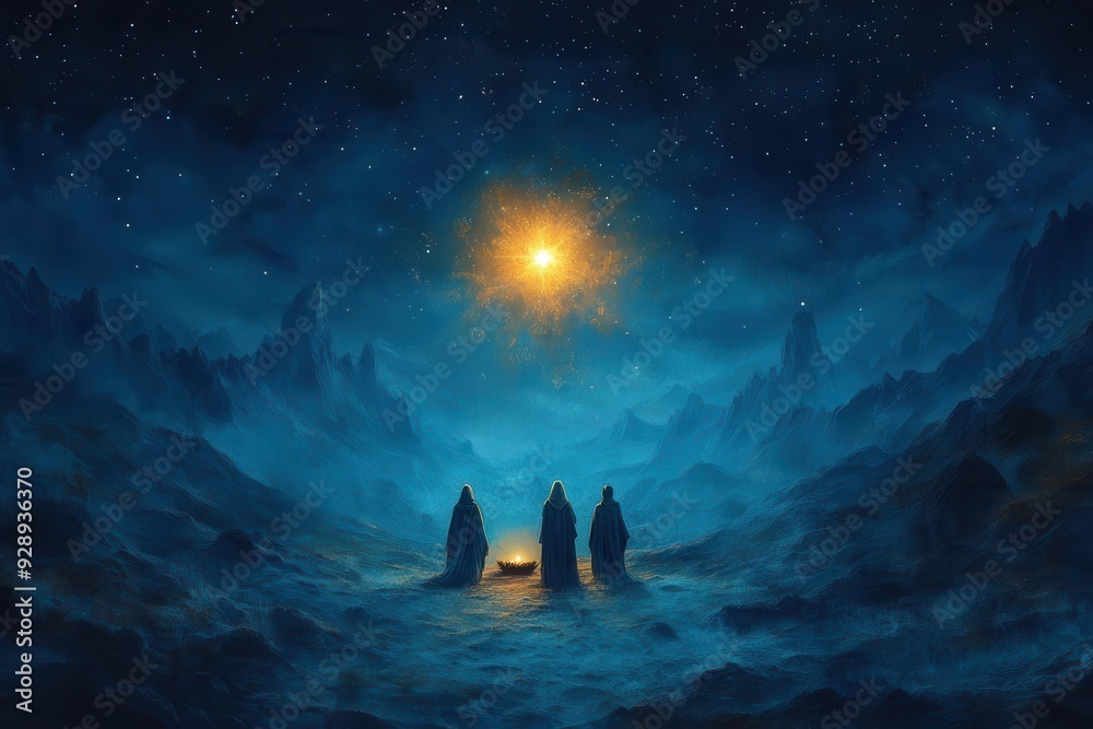 radiant star guides three regal figures across moonlit desert towards humble nativity scene blending digital art with timeless narrative radiant star guides three regal figures across moonlit desert towards humble nativity scene blending digital art with timeless narrative