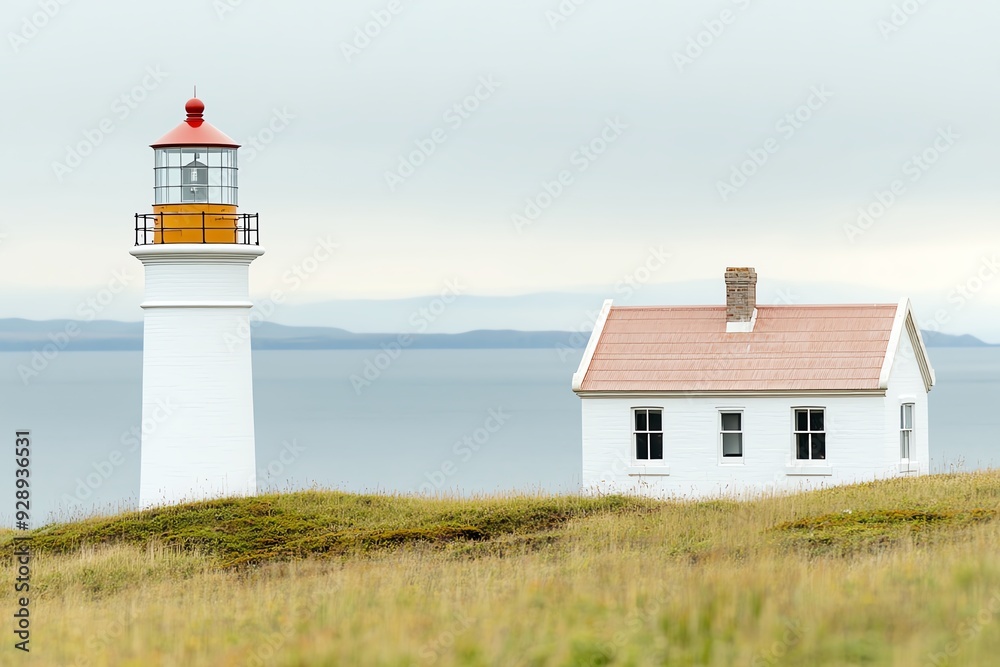 White lighthouse with a red roof and a small white house on a grassy hill overlooking the sea. White lighthouse with a red roof and a small white house on a grassy hill overlooking the sea.