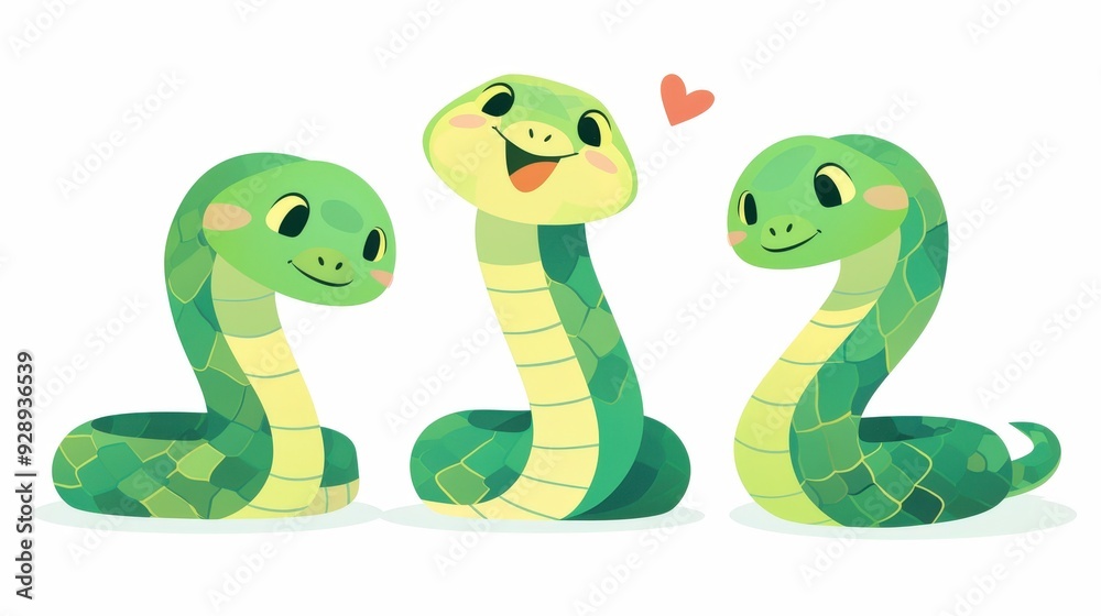 Fototapeta premium Three green cartoon snakes with hearts are smiling at each other, one snake is sticking its tongue out.